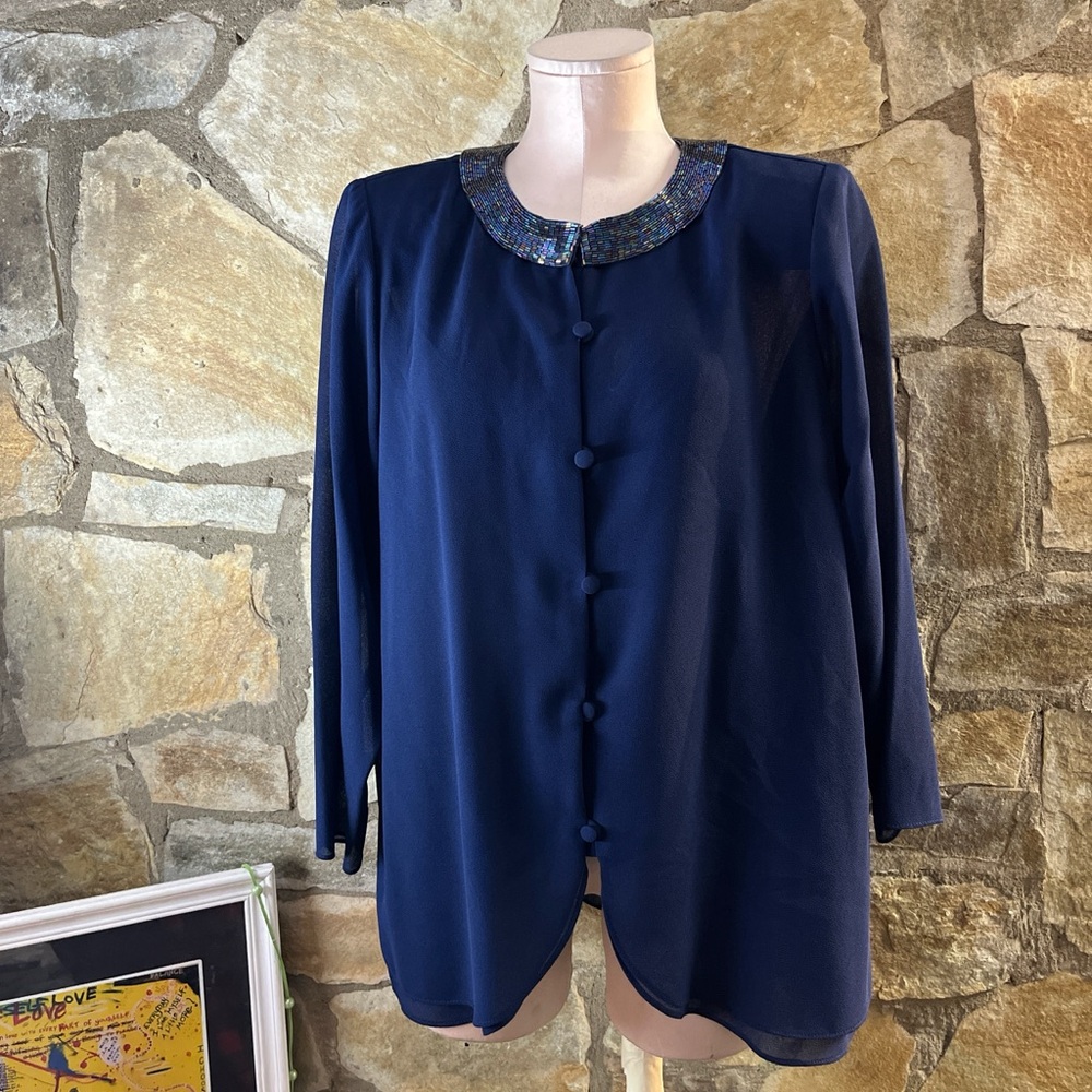 Patra Navy Button-Front Blouse with Iridescent Collar